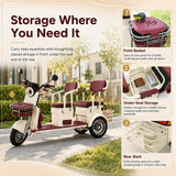 Easingo T08两座电动三轮车,配备1200W电机和60V 20Ah电池,展示车辆侧面细节。