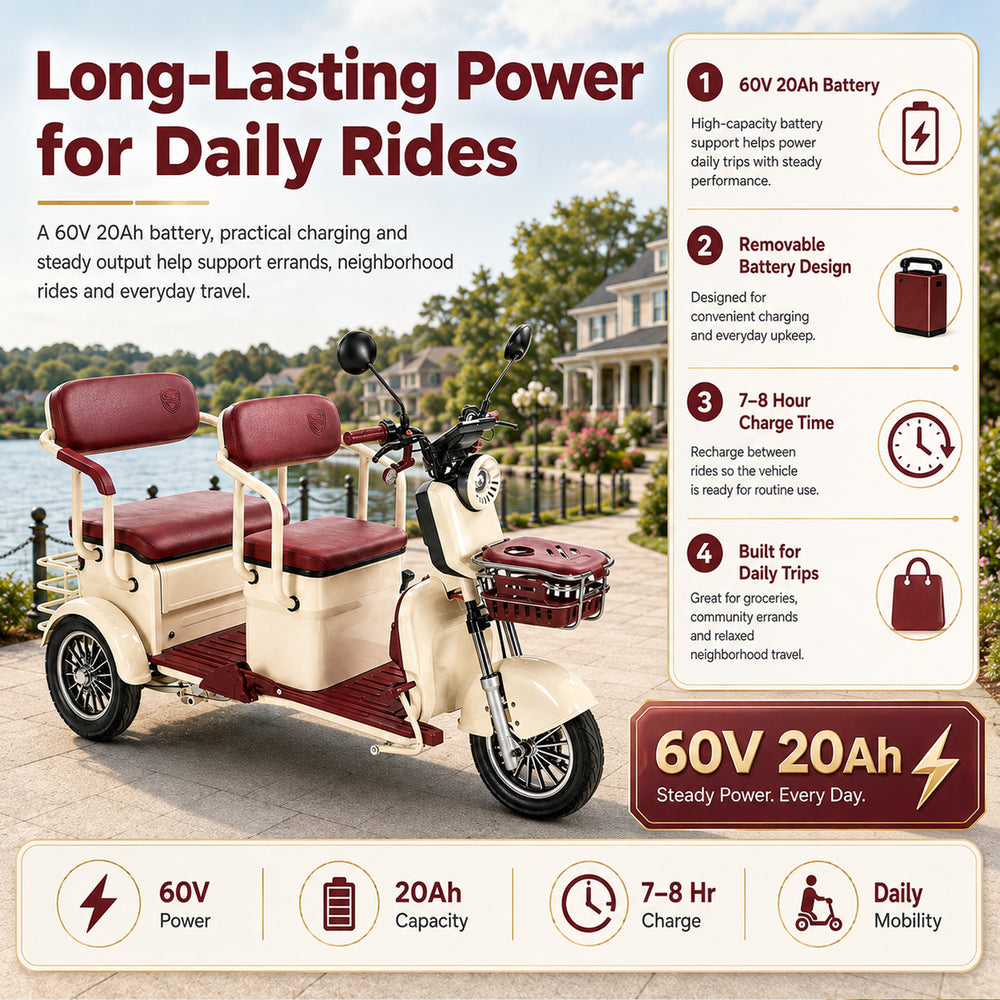 Easingo T08两座电动三轮车，1200W 60V 20Ah电池，黑色车身，适合城市出行的电动代步工具